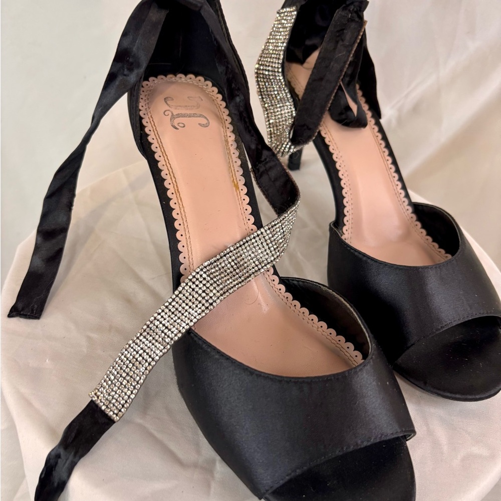 Open-toe Black Satin Formalwear Heels with Rhinestone Detail on Ankle Straps